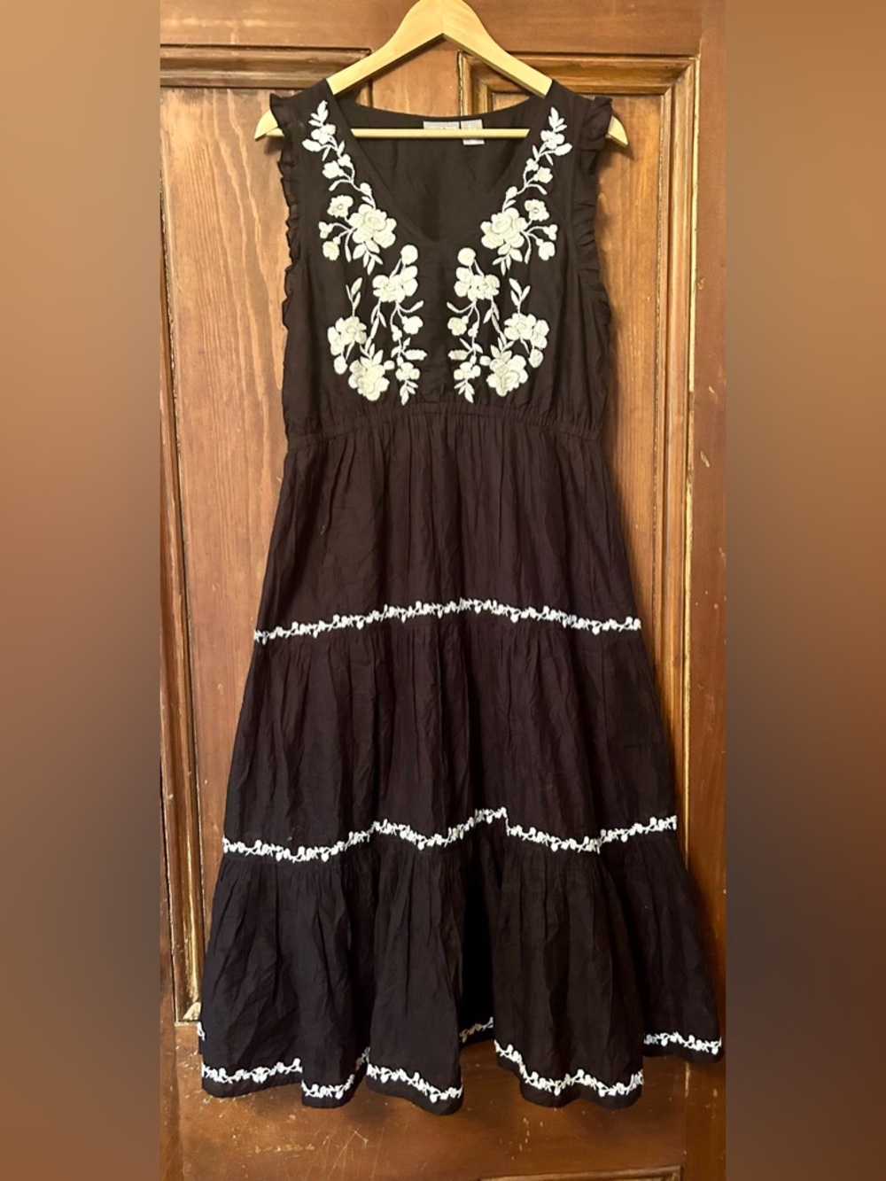 Lucky Brand Black Maxi Dress with White Floral Embroidery